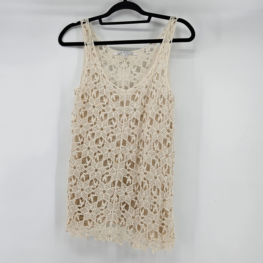 Boho Crochet Tank Top Cream Beige Sleeveless Small Layering Hippie Festival